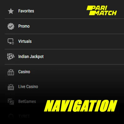 O menu principal do sítio Web oficial da Parimatch permite um acesso rápido às principais secções do sítio