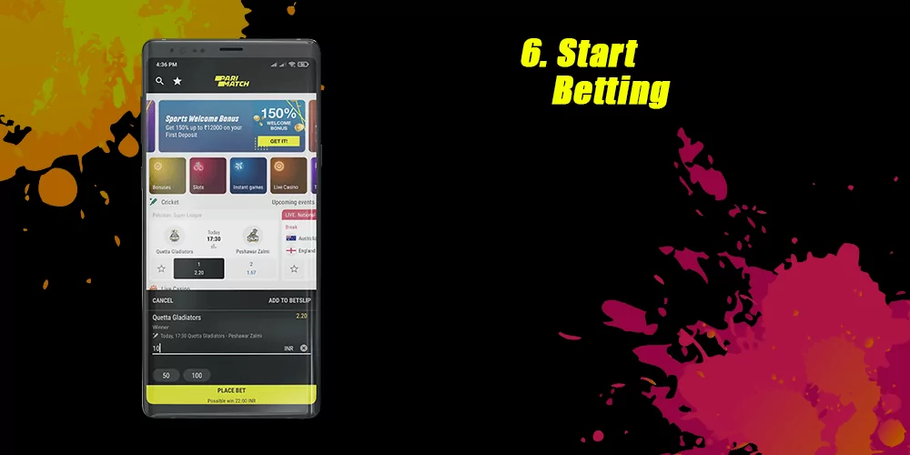 Start placing bets using the in-app navigation