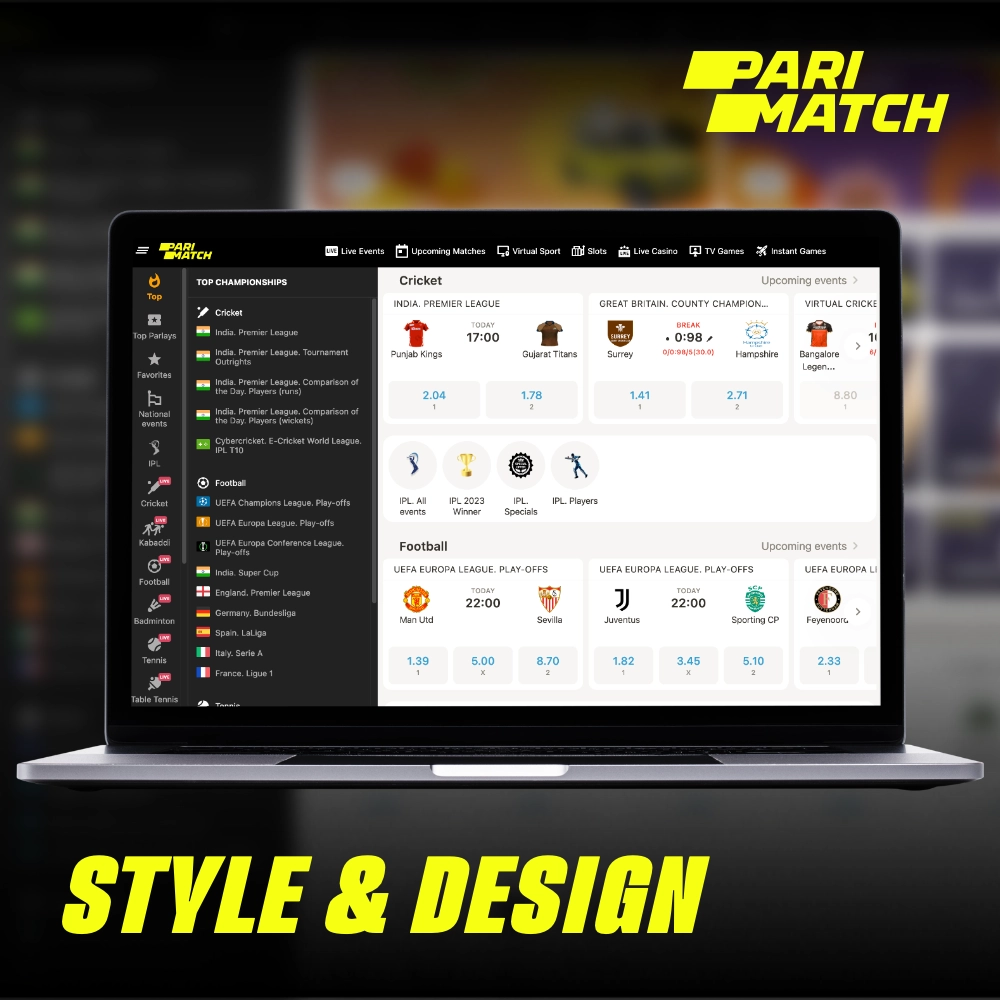 O design e o estilo do sítio Web oficial da Parimatch são feitos em cores mais finas e reconhecíveis, para que não o confunda com qualquer outra coisa