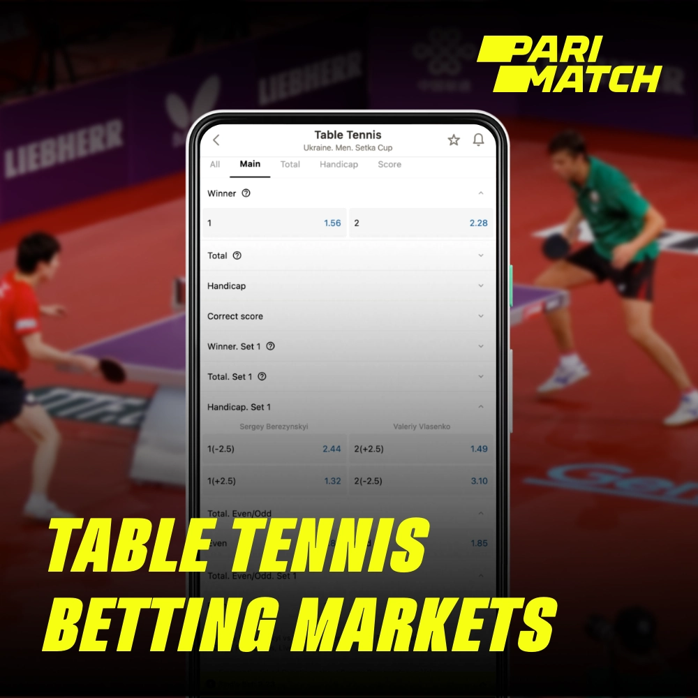 Os mercados de apostas de tênis de mesa em Parimatch irão impressioná-lo com a variedade de opções possíveis